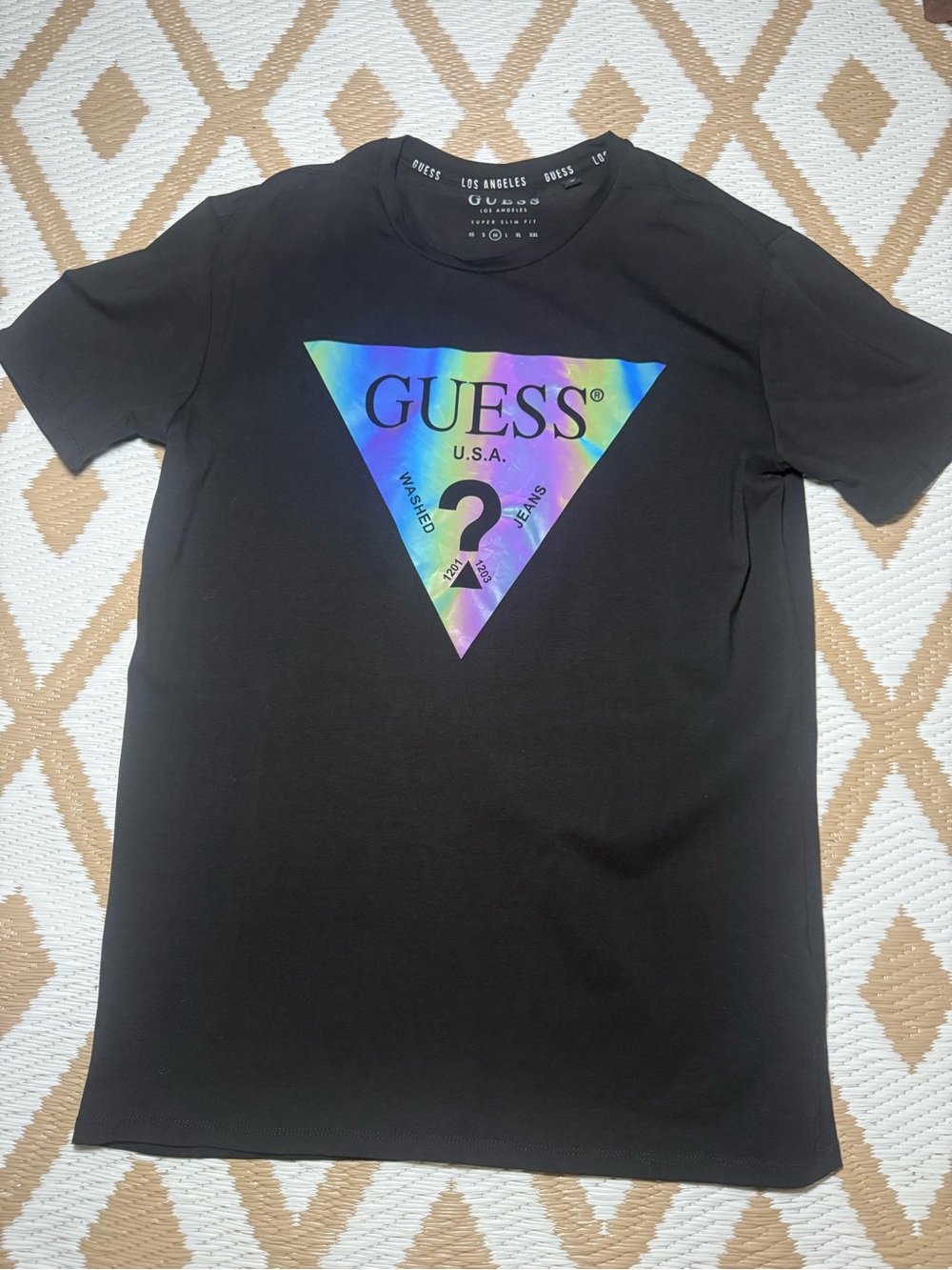 GUESS Black Short Sleeve Tee with Holographic Triangle Logo